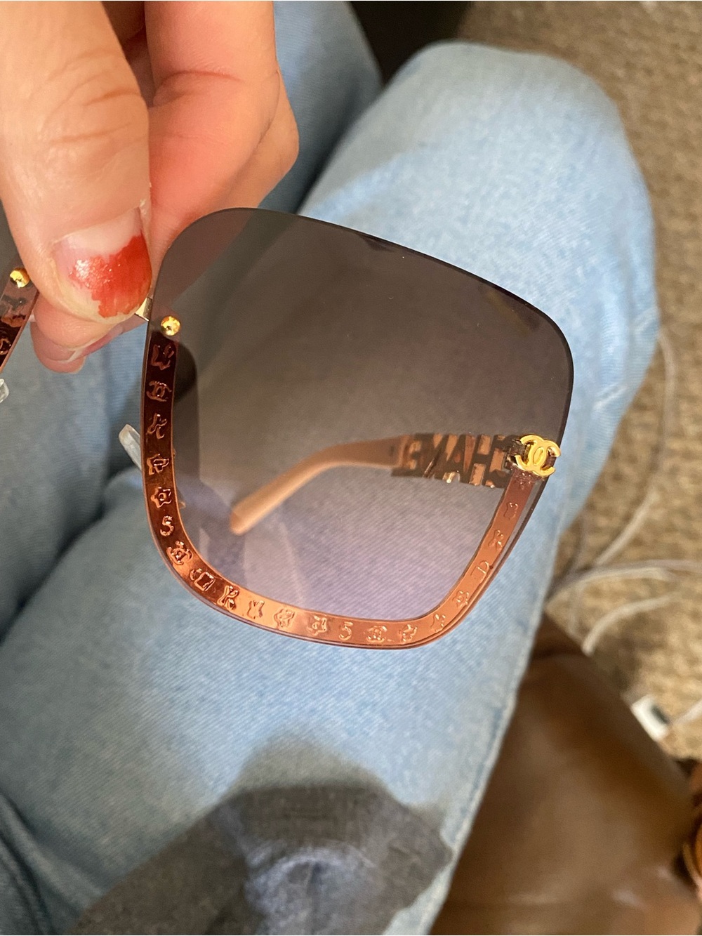 Brown Gradient Square Sunglasses with Gold CC Detail